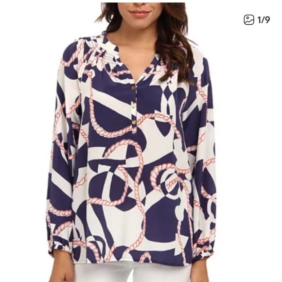Lilly Pulitzer Tops - Lilly Pulitzer Elsa Blouse Navy Nautical Anchor Rope Booze Cruise Print SZ Small